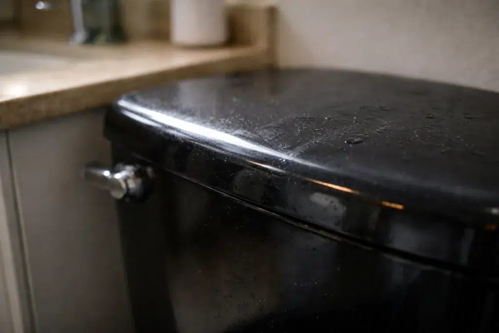 Close-up of light reflecting on a black ceramic toilet surface, showing subtle glare and water marks under everyday bathroom lighting.