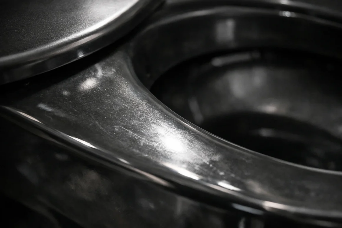 Light reflecting on a black ceramic toilet surface, creating visual weight in a small bathroom