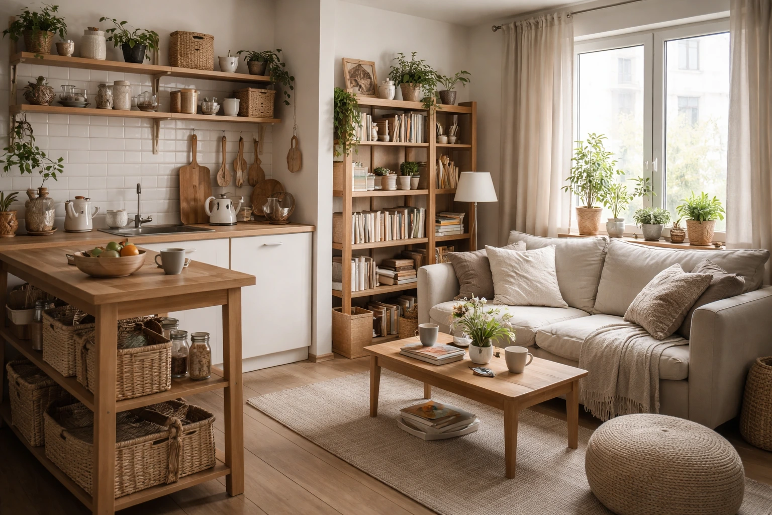 Visual Clutter: How to Reduce It Without Hiding Everything 1 A tidy but visually busy living space with open shelving and visible everyday objects, showing how visual clutter can exist without mess.