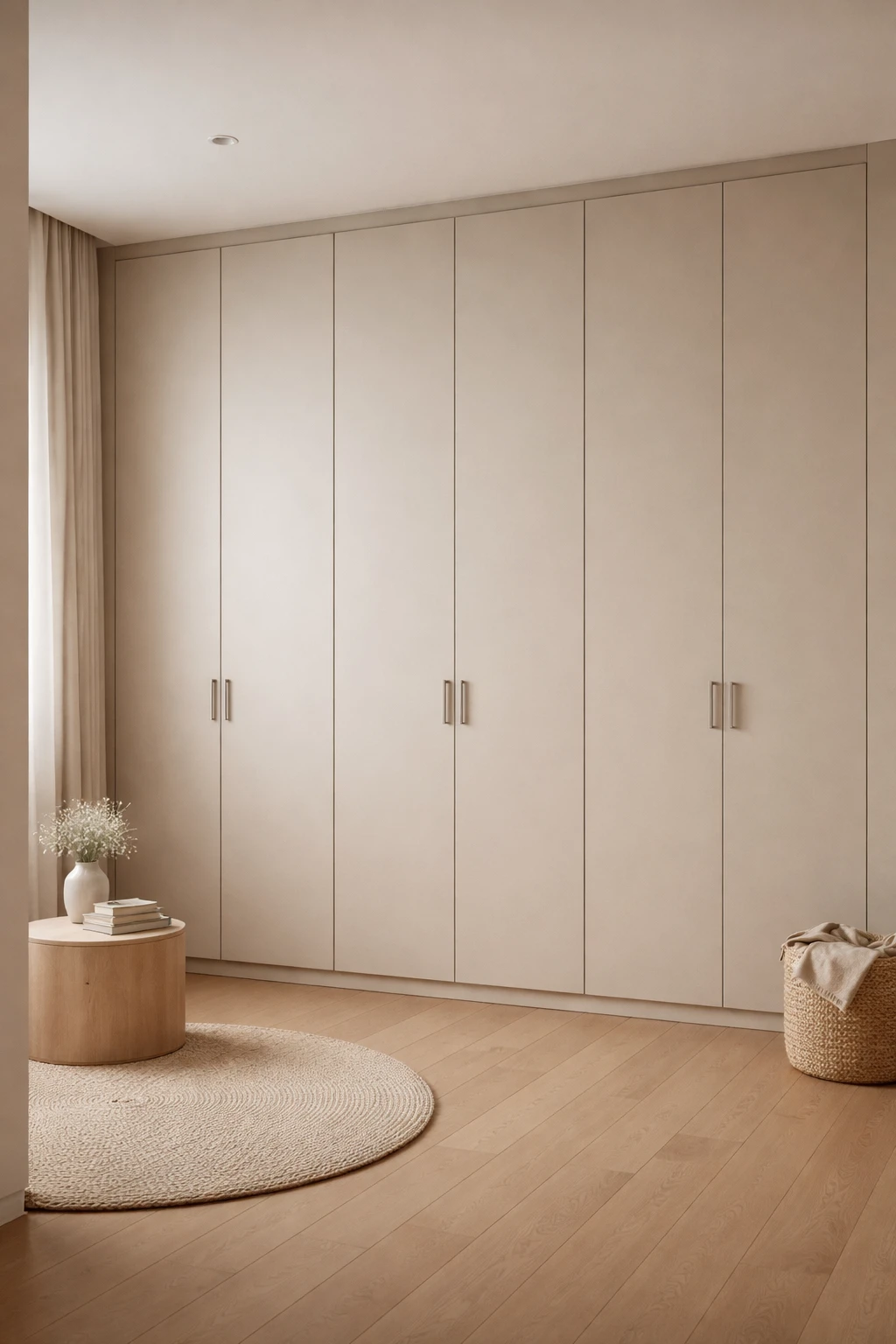 Visual Clutter: How to Reduce It Without Hiding Everything 4 Wall of full-height closed cabinets creating a visually heavy surface in a small, neutral-toned room.