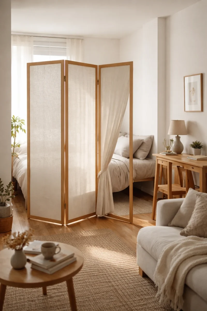 Fabric folding screen used as a soft room divider in a small living space