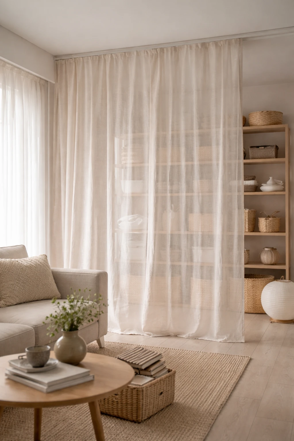 Visual Clutter: How to Reduce It Without Hiding Everything 3 Sheer fabric curtain used as a soft room divider, allowing light to pass through while gently separating storage from the living area.