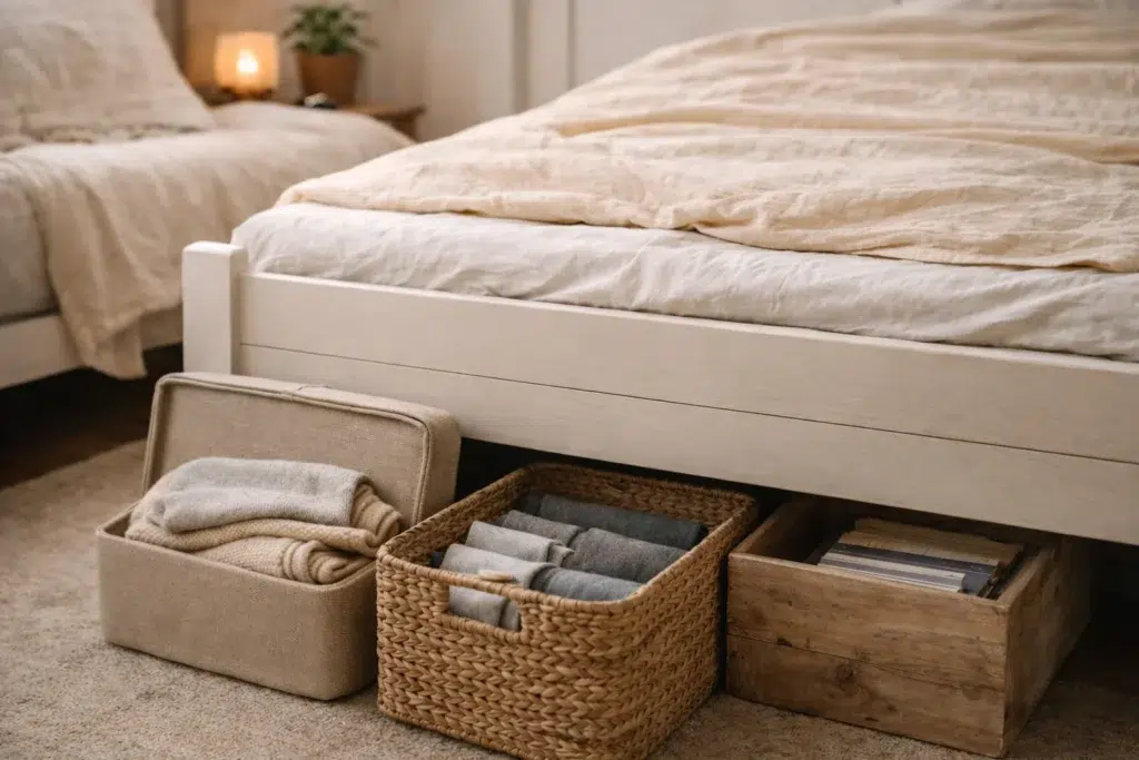 Under-bed baskets used for simple storage in a small bedroom.