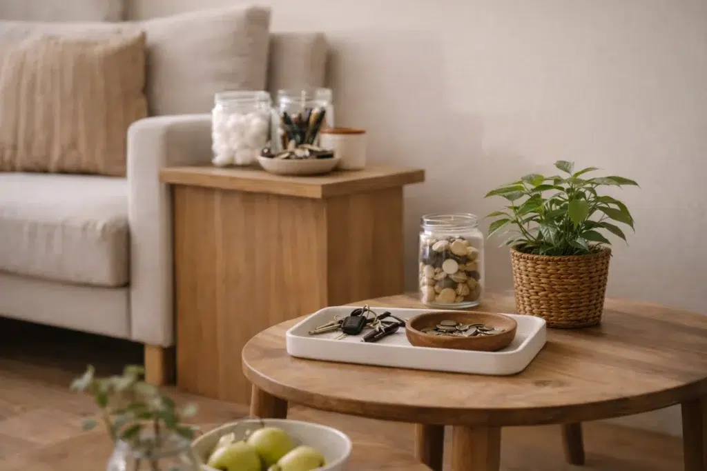 Everyday household items used as subtle storage in a small living area.