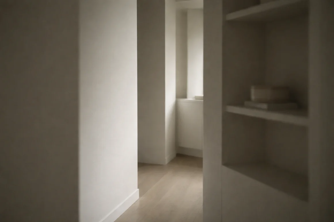 A quiet corner of a small home with soft light and empty space, showing overlapping walls and shelves without a clear focal point.