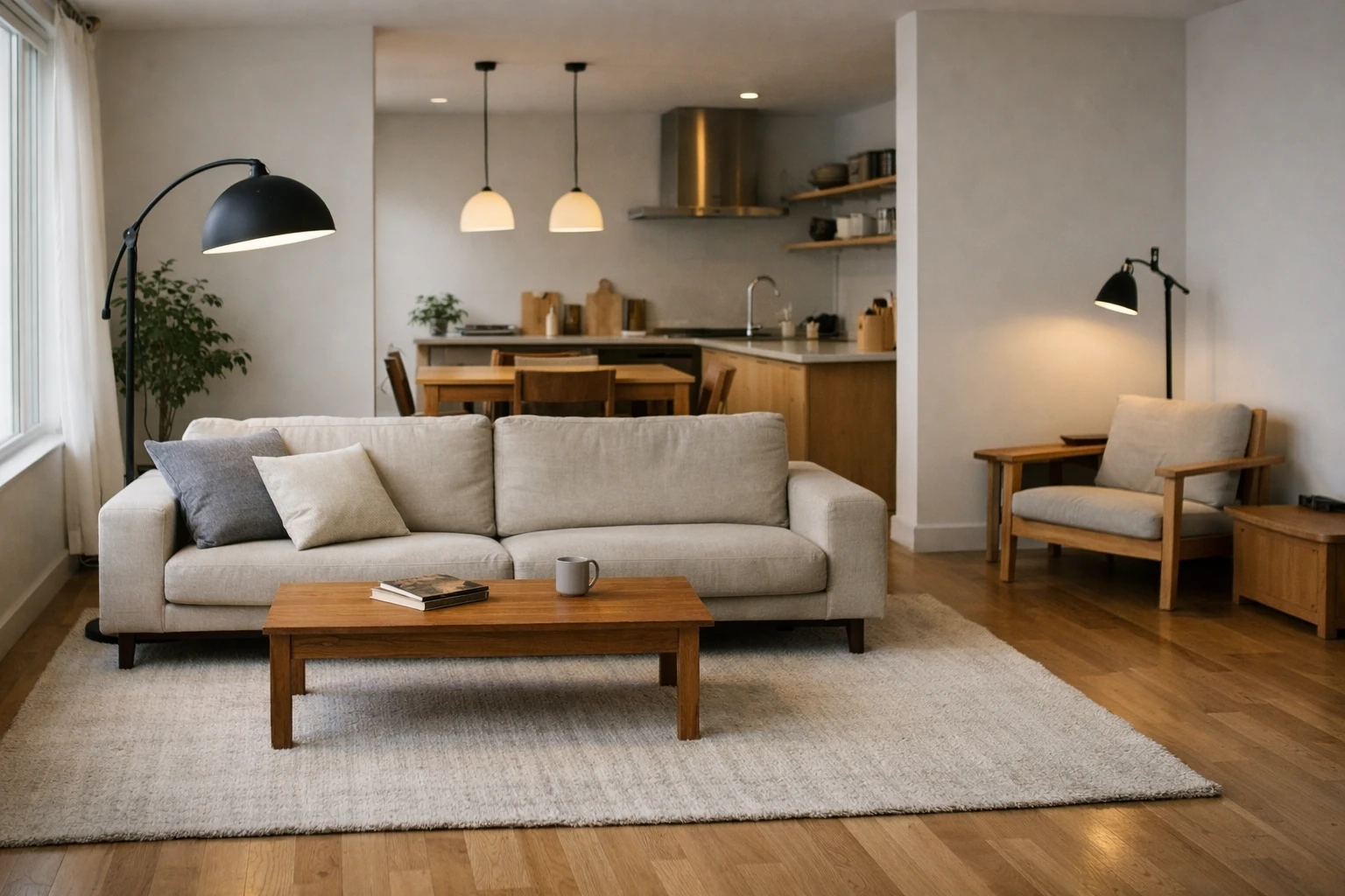 Furniture placement and rugs used to define zones in an open living space