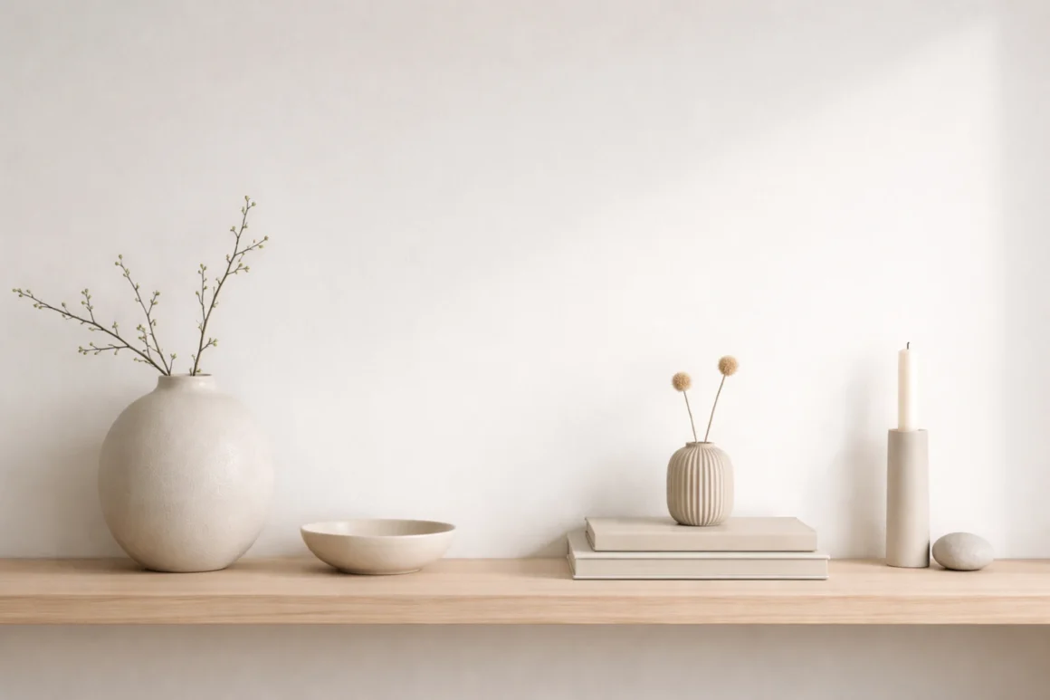 Visual Clutter: How to Reduce It Without Hiding Everything 5 Minimal shelf styling with few objects and generous negative space, illustrating how visual clutter can be reduced without adding new items.