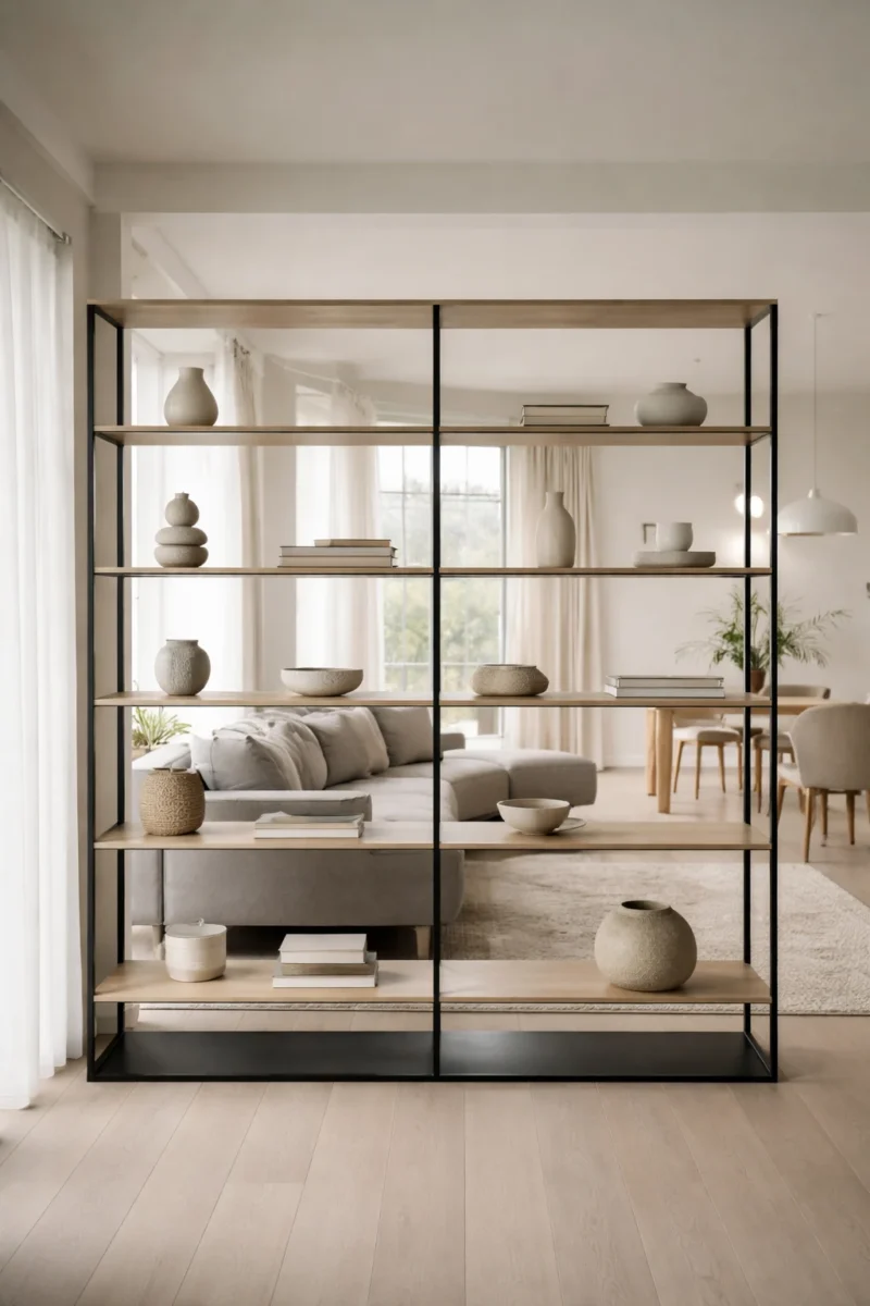 Open shelving used as a semi-structured room divider in an open-plan space