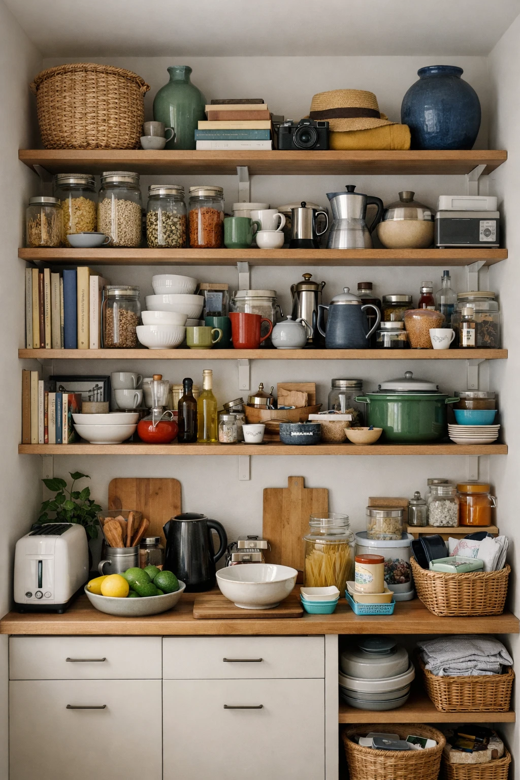 Visual Clutter: How to Reduce It Without Hiding Everything 2 Open kitchen shelving filled with jars, books, and everyday objects, illustrating how visual clutter can exist even in an organized space.