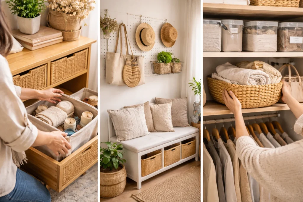 Organizing everyday items in a small apartment using baskets, shelves, and existing storage.