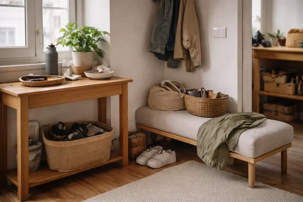 A small home setup organized for daily use with visible, loosely grouped everyday items.