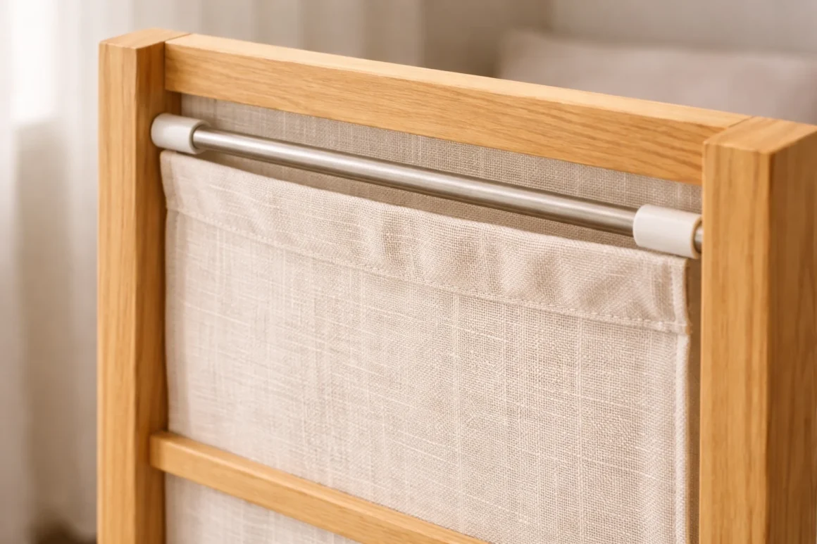 Removable fabric panel secured with tension rods inside a wooden folding screen frame
