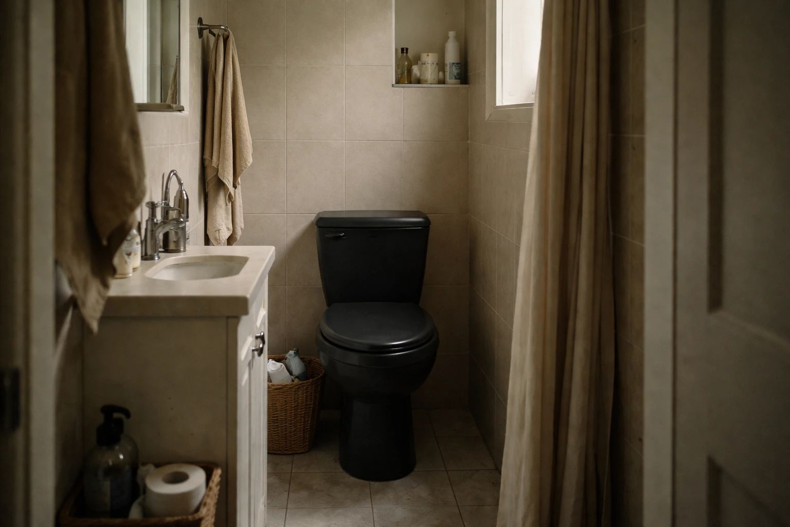 Black toilet in a small bathroom, appearing visually heavier within a narrow, neutral-toned space