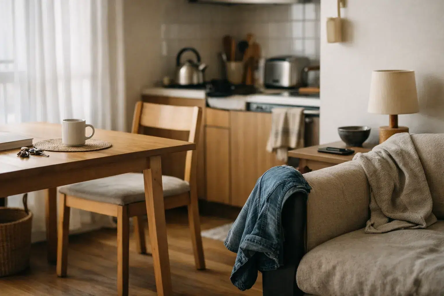 A small apartment interior showing subtle signs of daily habits during an ordinary moment.