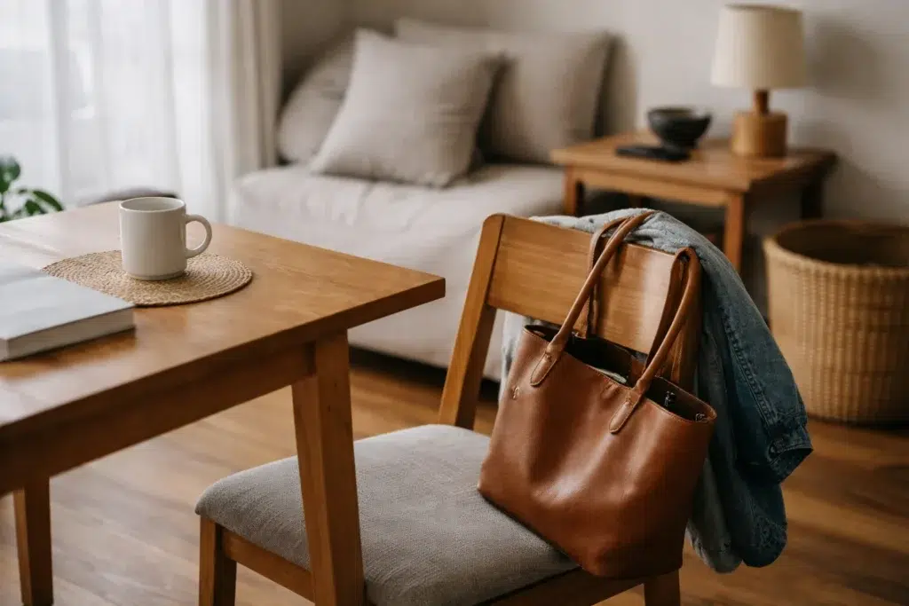 An everyday object resting temporarily in a small home, reflecting a familiar daily habit.
