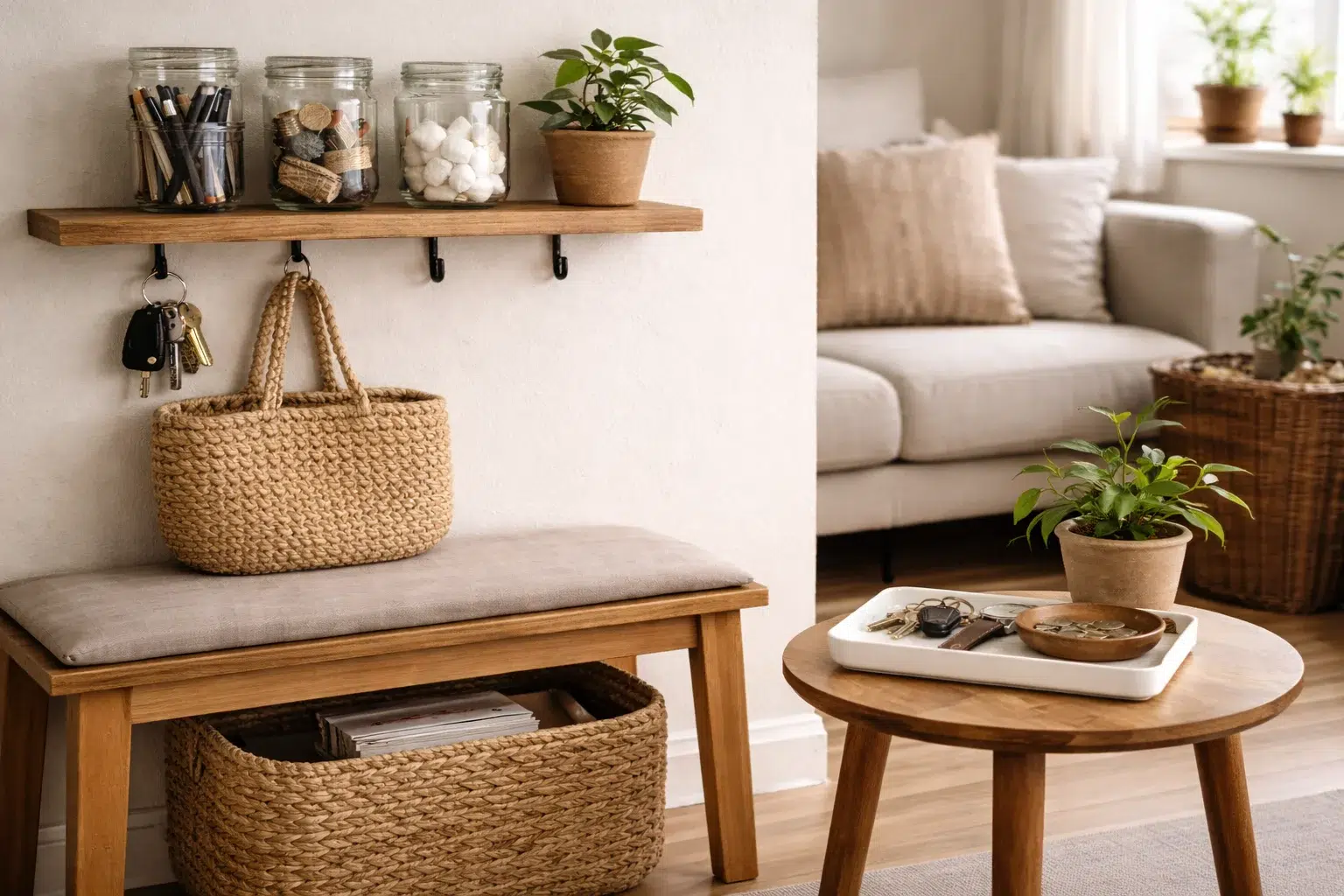 A lived-in corner of a small apartment with subtle, everyday storage.