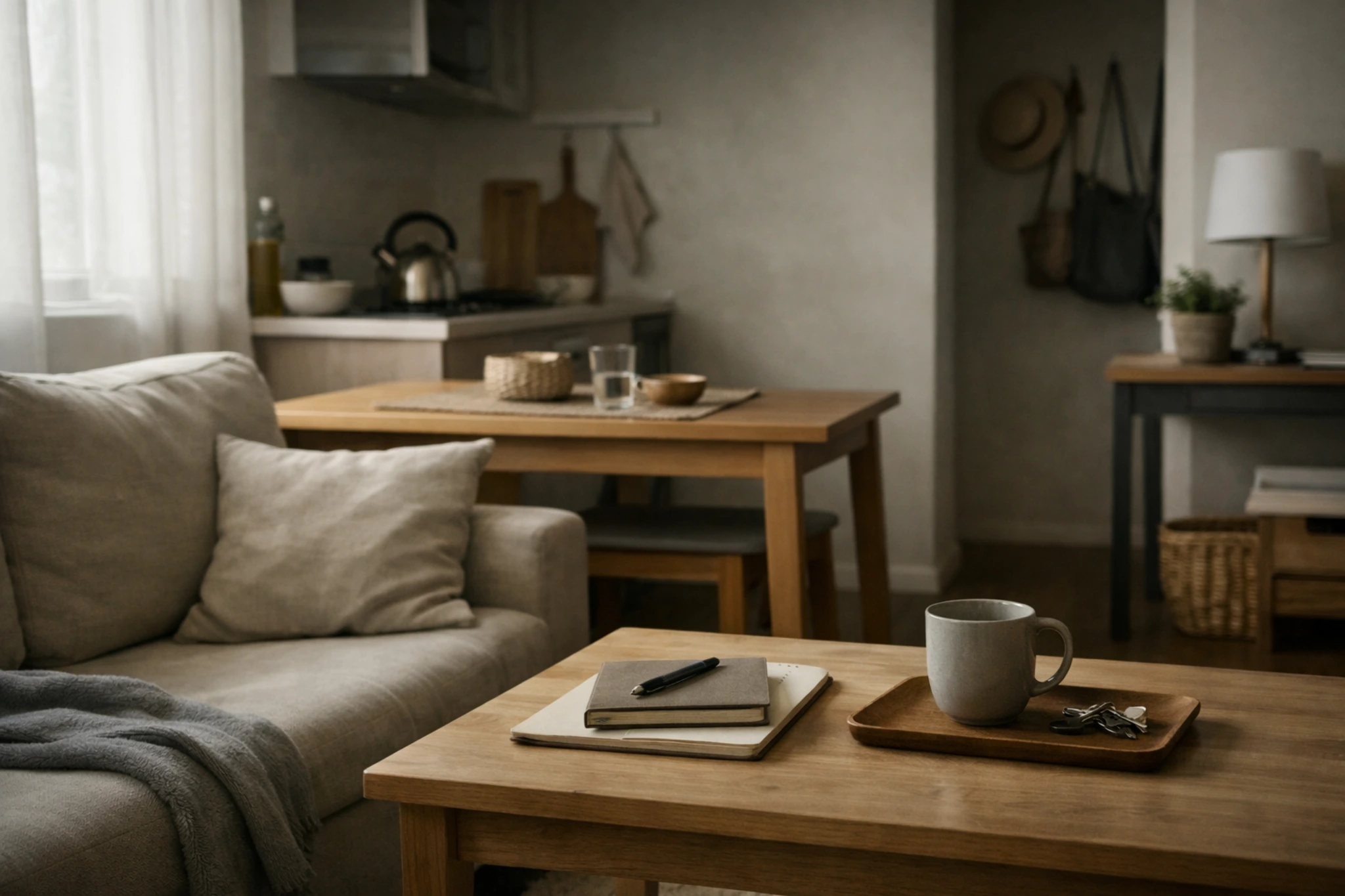 A tidy small apartment interior that subtly suggests mental strain rather than relaxation.