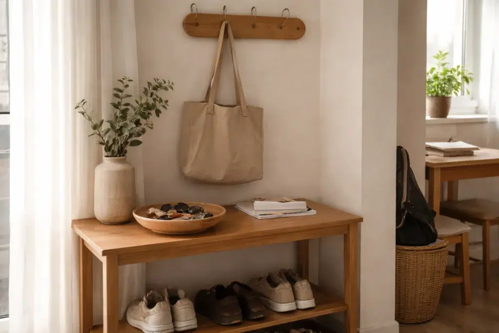 A small apartment entryway with a simple landing zone for everyday items.