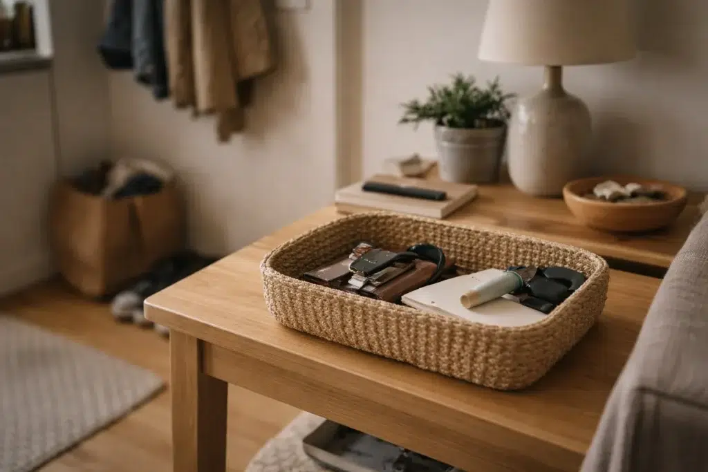 A flexible landing container holding everyday items in a small home.