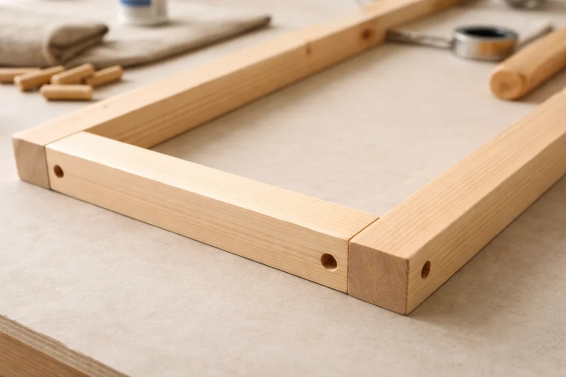 Wooden folding screen frame assembled with dowel joints before hinges or fabric are added