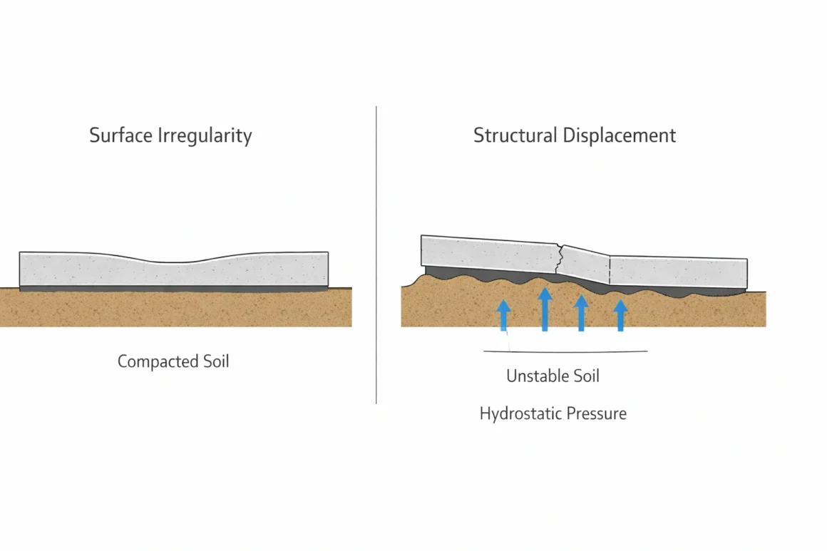 Cross-section diagram comparing surface-level slab dip and structural displacement with hydrostatic pressure beneath a basement floor