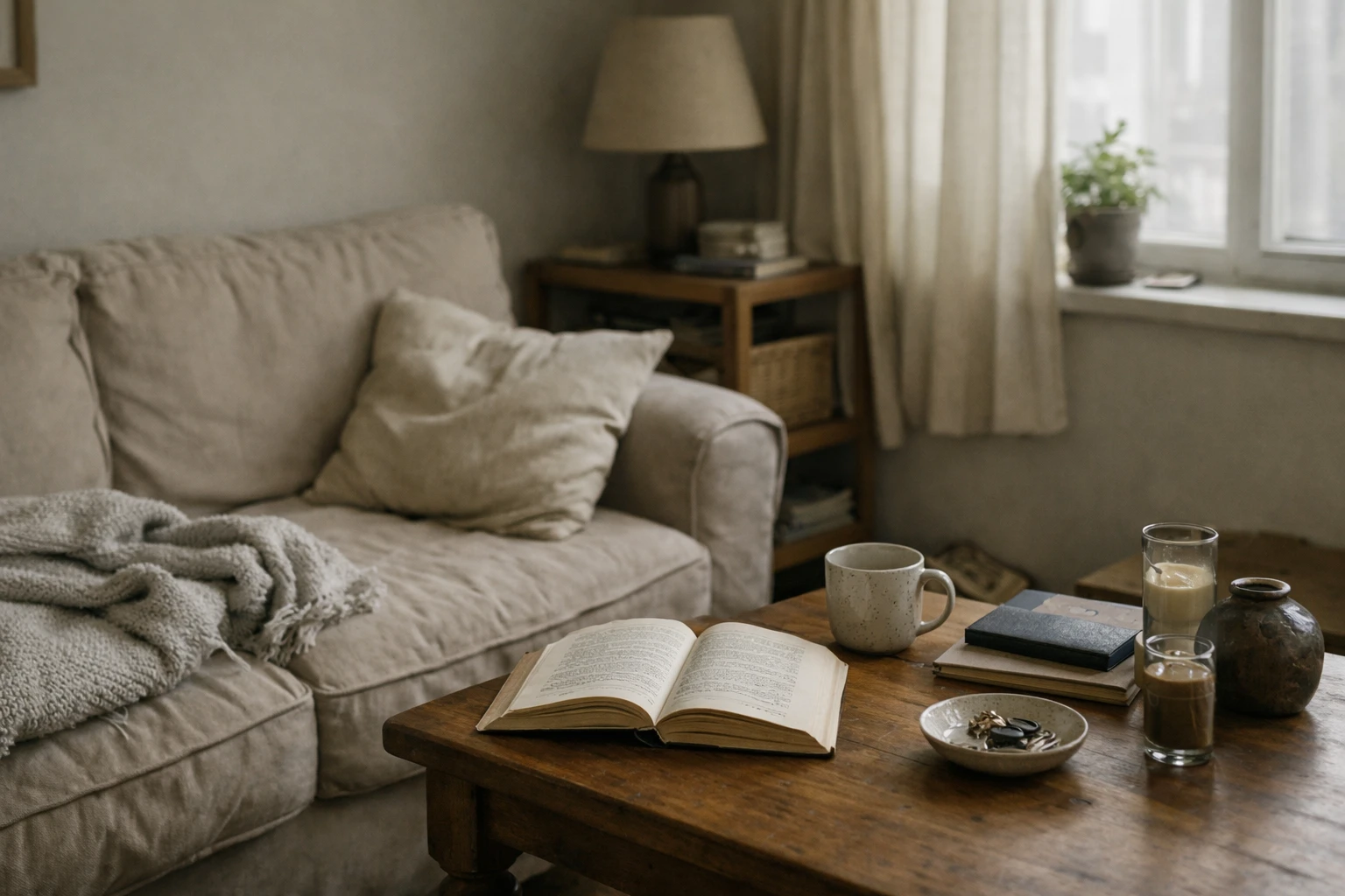 Interior Decorating Rules (That Sound Right but Often Don’t Hold Up in Real Homes) 1 A calm, lived-in living room with everyday objects resting naturally in soft natural light.