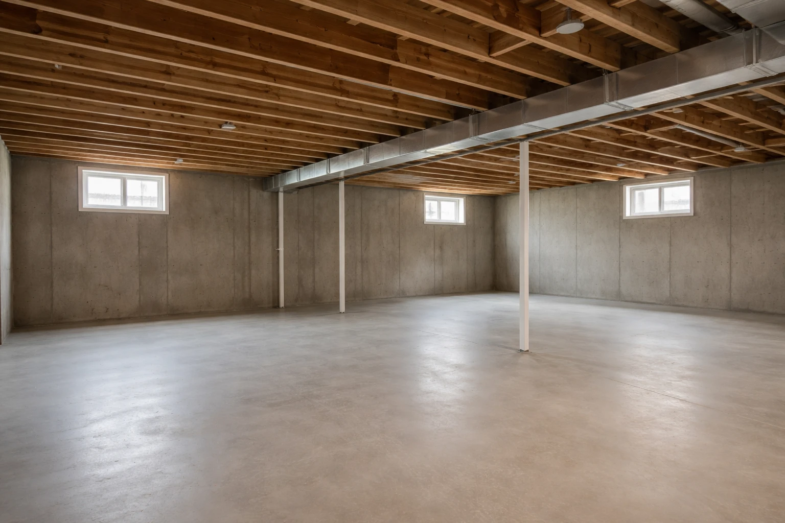 Smooth concrete basement floor in an unfinished residential basement with natural light from small windows
