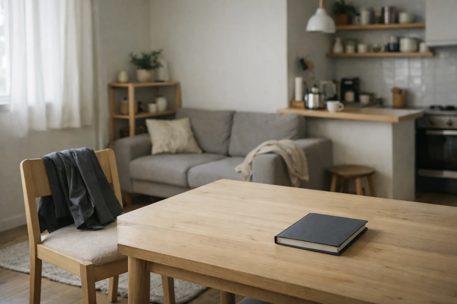 A clean small home interior with a dining table, sofa, and kitchen area, showing a tidy space that feels mid-transition rather than fully settled.