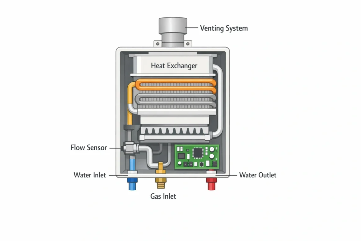 Simplified diagram showing labeled internal components of a tankless water heater