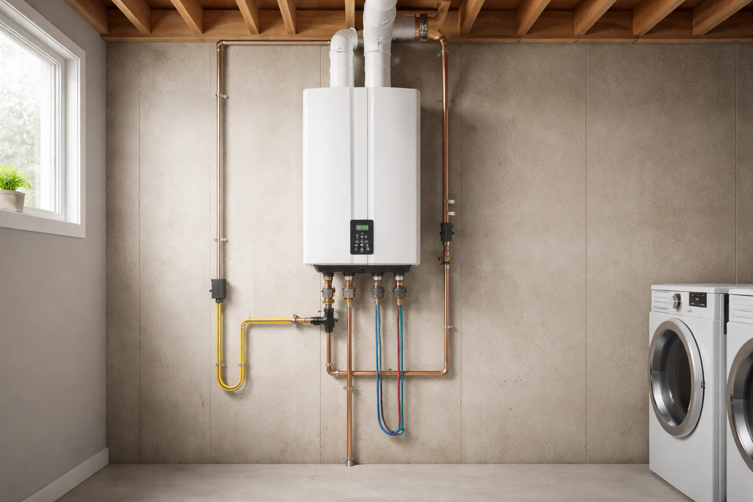 Wall-mounted tankless water heater installed in a residential utility room